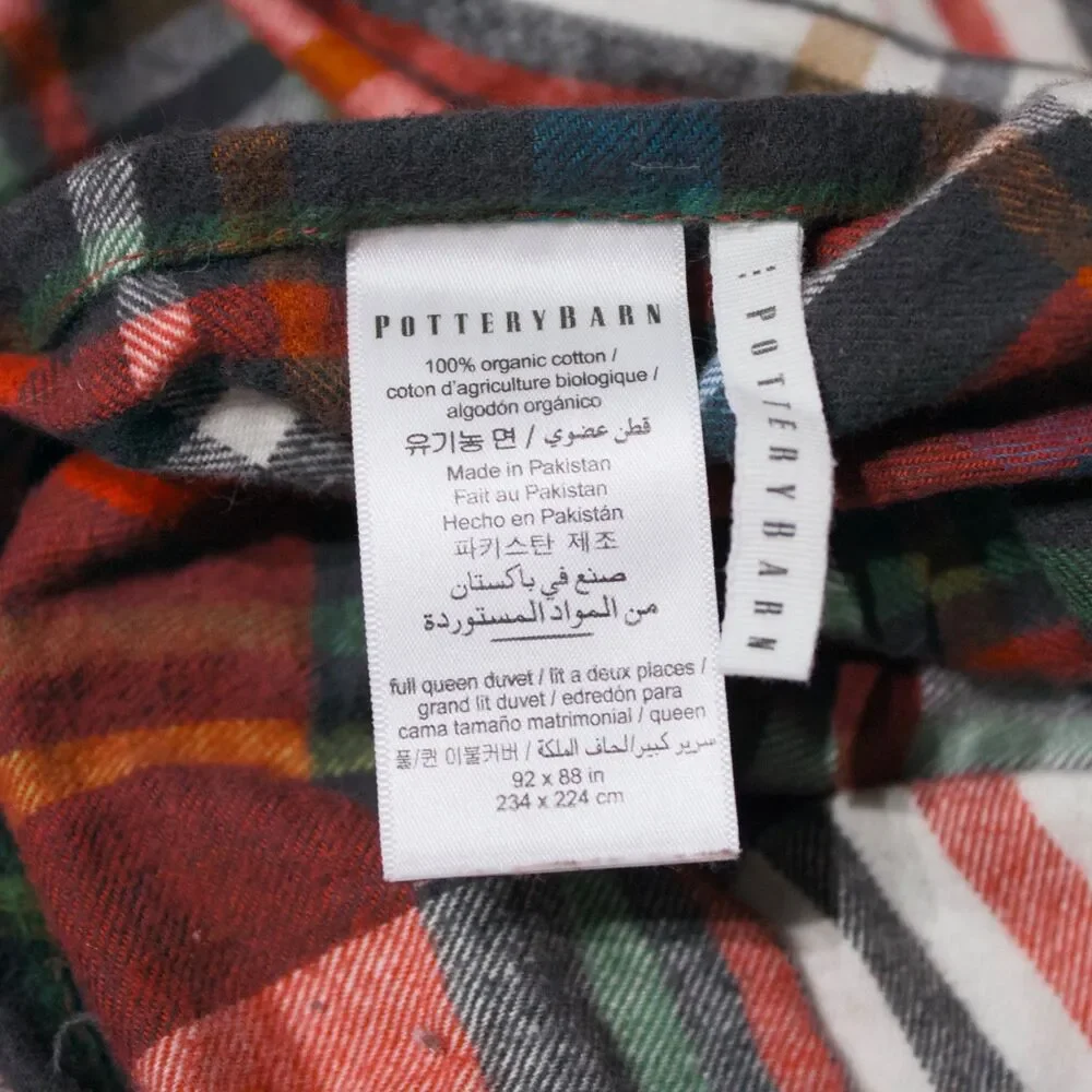 Pottery Barn Red Plaid 100% Organic Cotton Full Queen Duvet Cover 92
